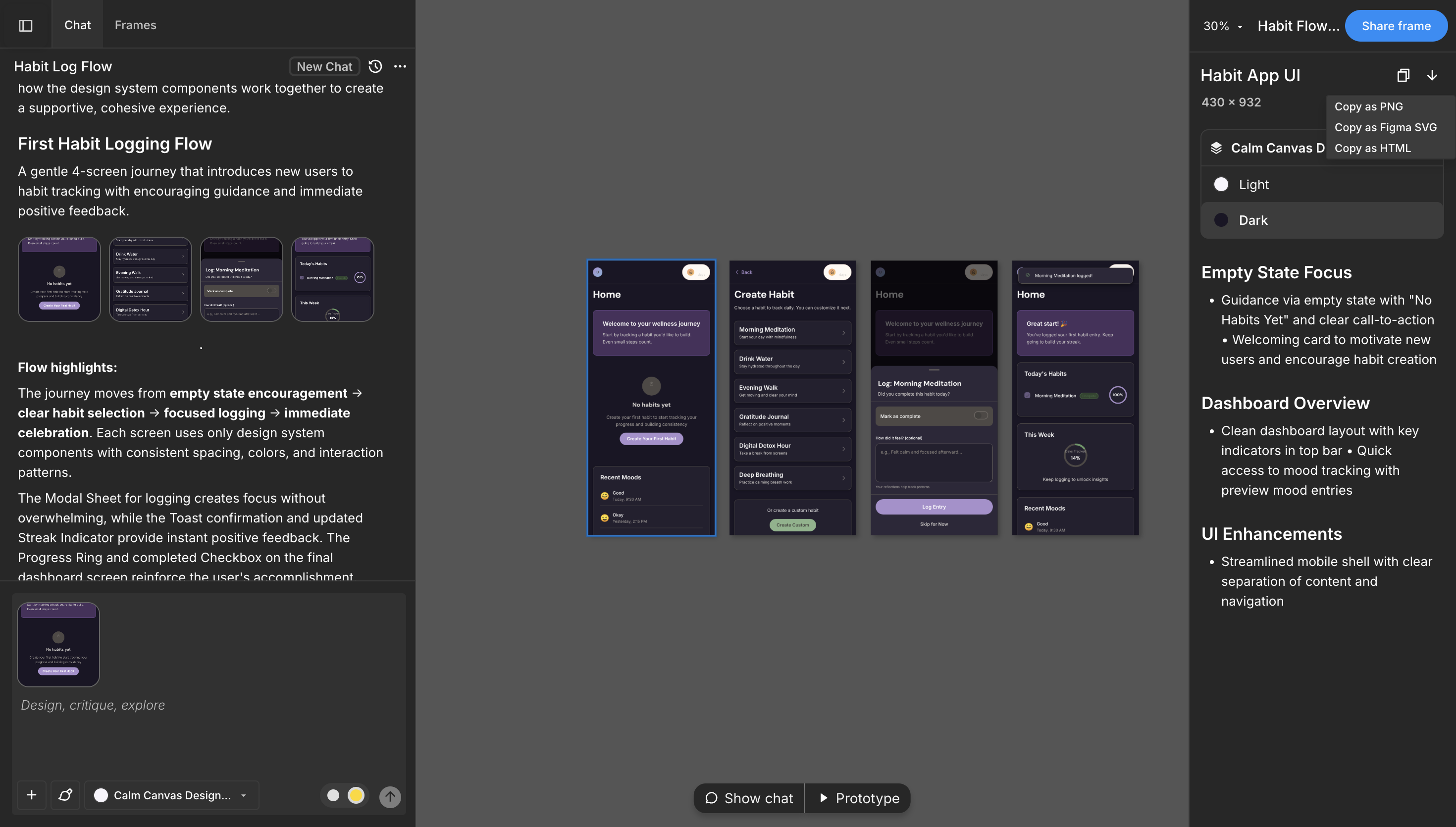 Export options in the right panel