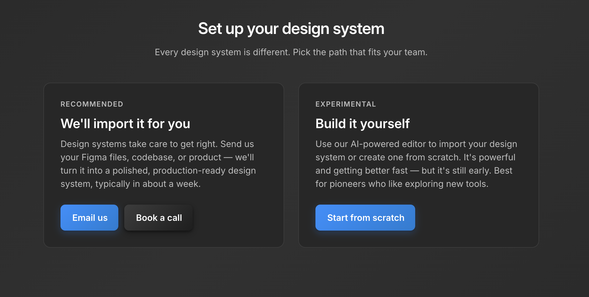 Moonchild design system setup showing guided and self-service paths