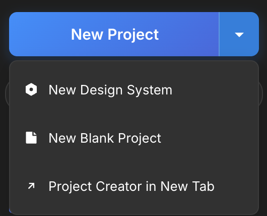 Moonchild New Project dropdown showing New Design System option