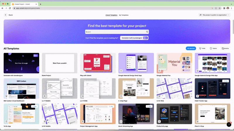 Starting a mobile app design project with Uizard
