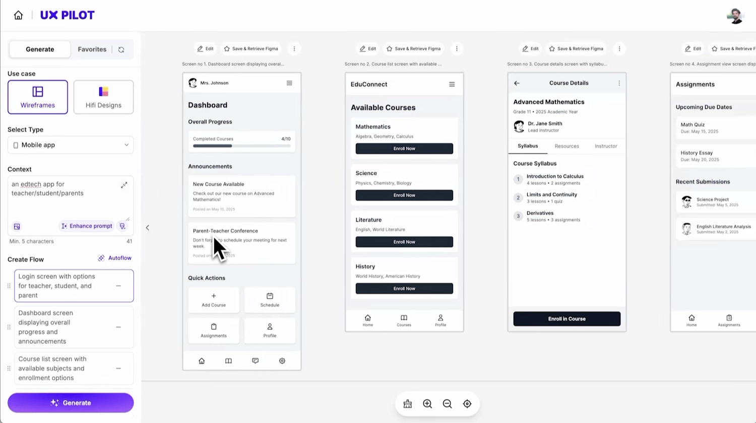 UX Pilot flow generation dashboard